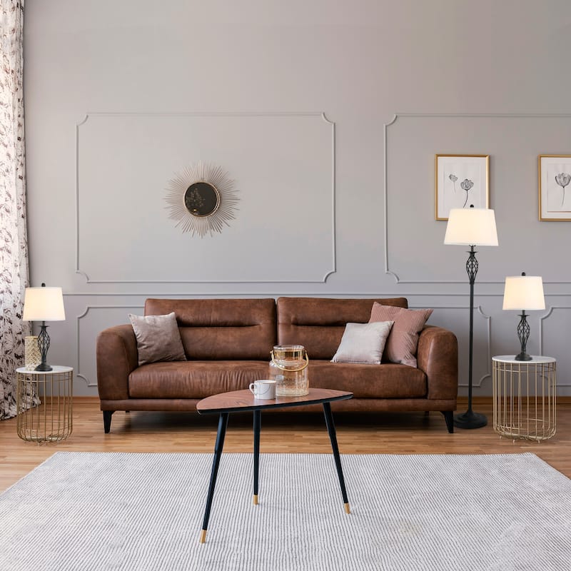 3 Piece Table Floor Lamp Set with Metal Pole, Round Base, and Fabric Lampshade, for Living Room - White