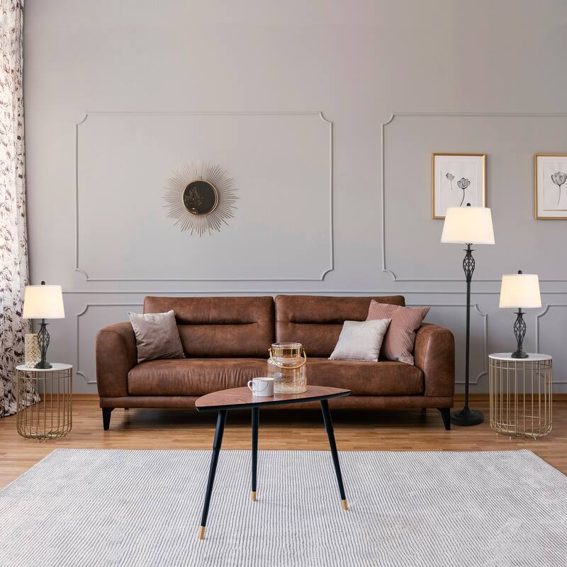 HOMCOM 3 Piece Table Floor Lamp Set with Metal Pole, Round Base, and Fabric Lampshade, for Living Room