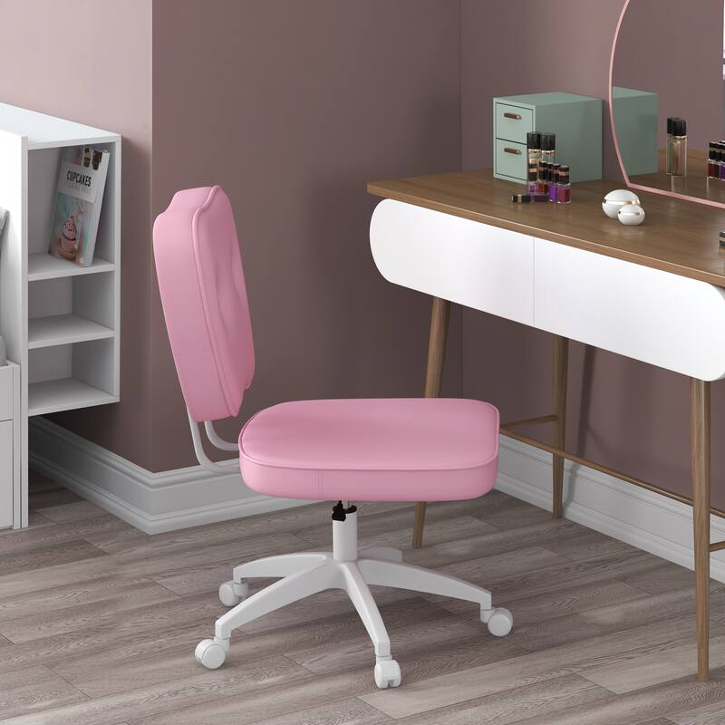 Cute Armless Office Chair, Leather Computer Desk Chair with Wheels, Vanity Task Chair with Adjustable Height