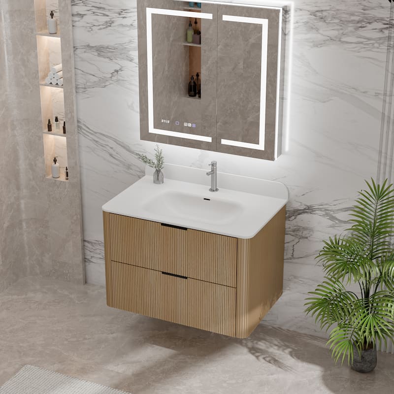 Modland Fluted Floating Vanity with Sink, Plywood Wall Mount Cabinet, Curved Edge, 24/30/36 Inch