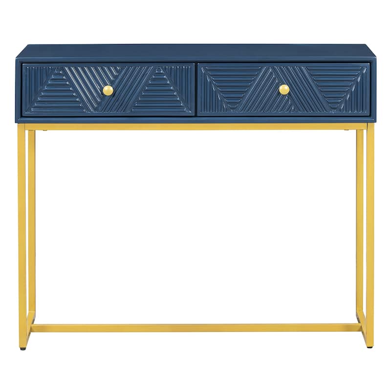 Modern Sleek Console Table with Stripe Design, 38" Living Room Metal Entryway Sofa Table with 2 Storage Drawers - Navy