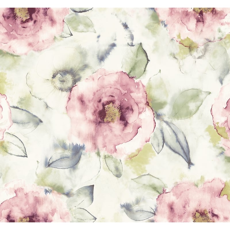 Seabrook Designs Kamella Watercolor Floral Unpasted Wallpaper - 27 in. W x 27 ft. L - Metallic Sangria & Fern