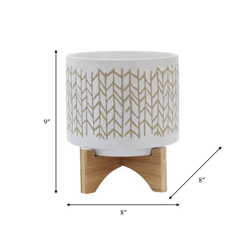 8" Ceramic Planter Stand, Ivory/Beige Chevron with Wooden Base, Indoor/Outdoor Planter with Stand For Your Succulents