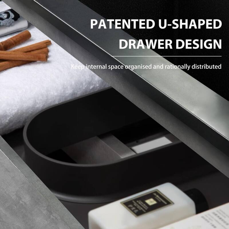 GDFStudio - Carter Floating Bathroom Vanity with Black Quartz Sand Countertops & Soft-Close Drawers