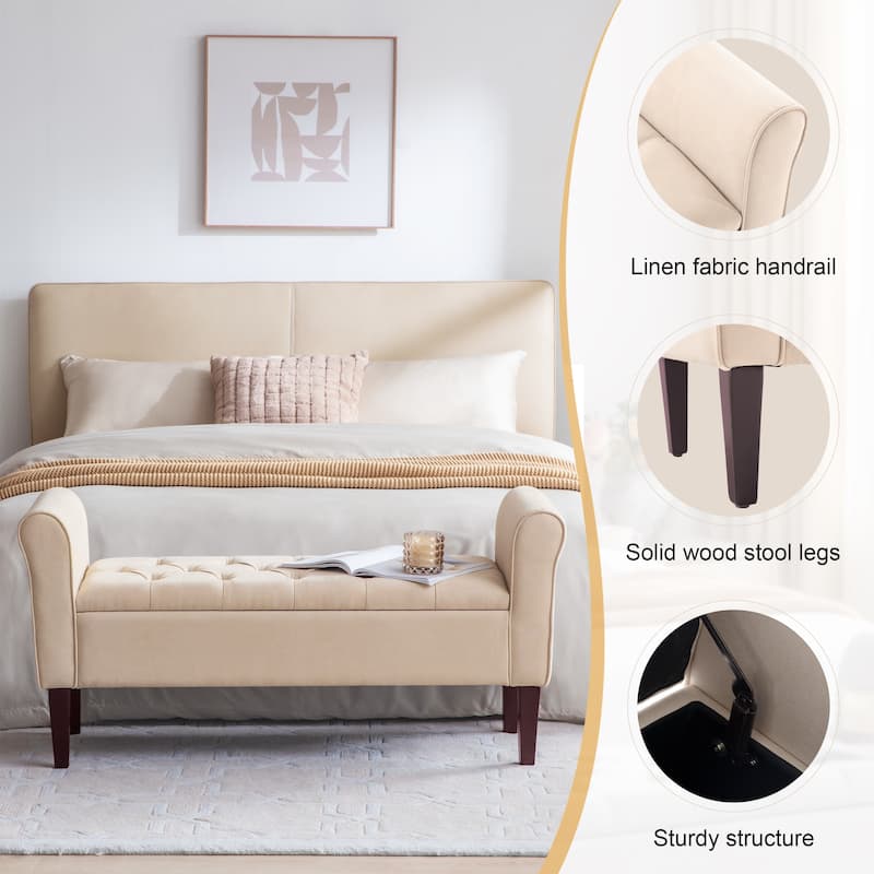 Arm Fabric Storage Ottoman Bench with Solid Wood Legs, 48"W x 18"D x 23"H