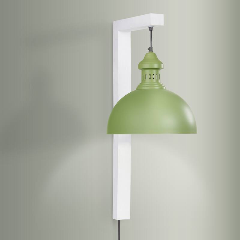 River of Goods Green Metal and White Wood Dome Shade Indoor Plug In Wall Sconce - 16" x 12" x 28.5"
