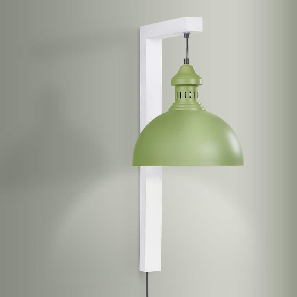 River of Goods Green Metal and White Wood Dome Shade Indoor Plug In Wall Sconce - 16" x 12" x 28.5"