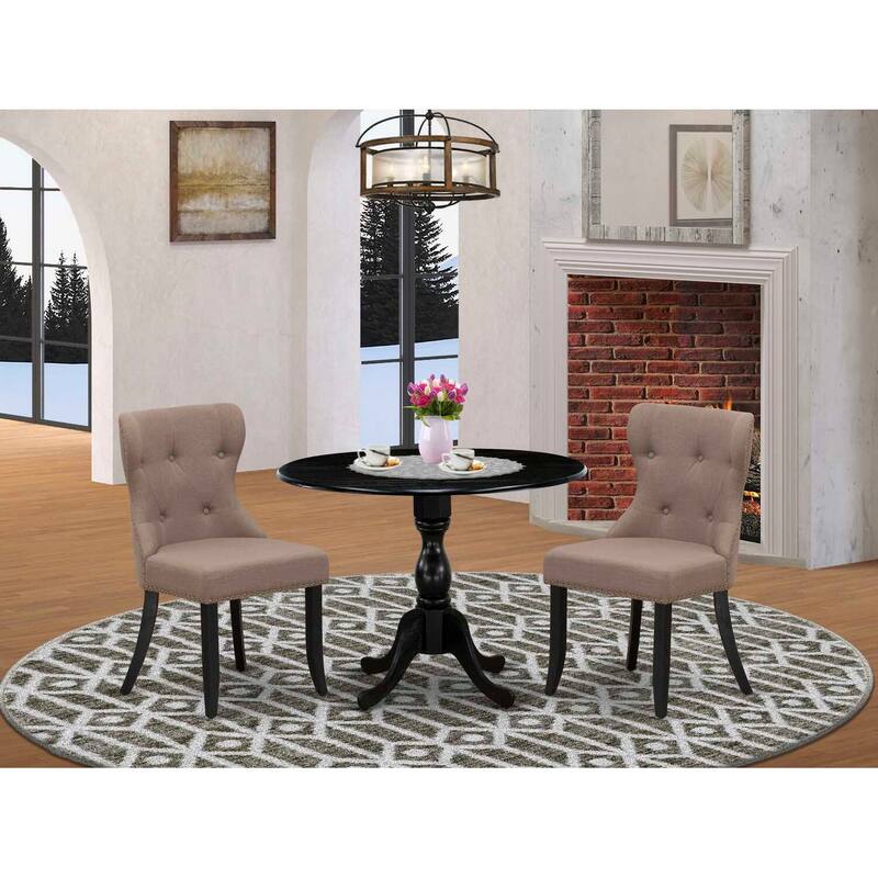 3-Piece Wire Brushed Black Solid Wood Top - Button Tufted Dining Room Set - Seats 4