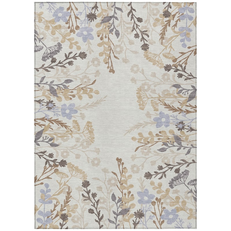 Machine Washable Indoor/ Outdoor Floral Border Chantille Rug