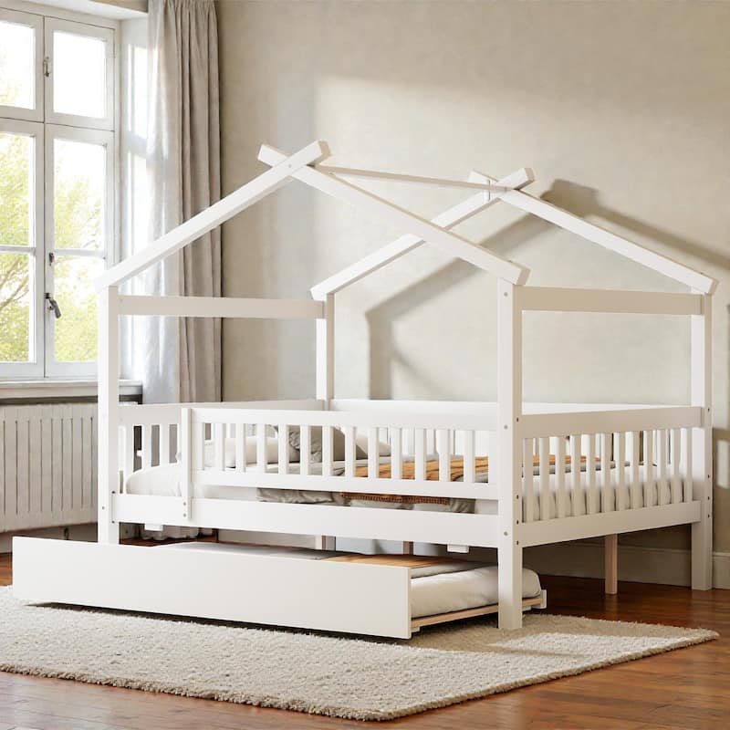 Twin/Full Wooden House Bed with Twin Trundle, Kids Platform Bed Frame with Roof Design, Solid Pine Wood - White - Full