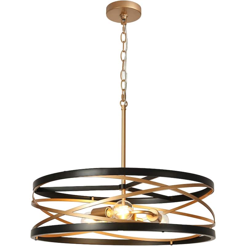Dsmll Modern Farmhouse 3-Light Drum Chandelier Black Gold Kitchen Island Lights - D 22" x H 79" Max