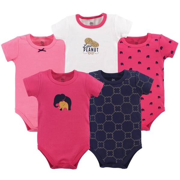 slide 1 of 1, Yoga Sprout Baby Girl Cotton Bodysuits 5pk, Metallic Elephant 0-3 Months - Metallic Elephant