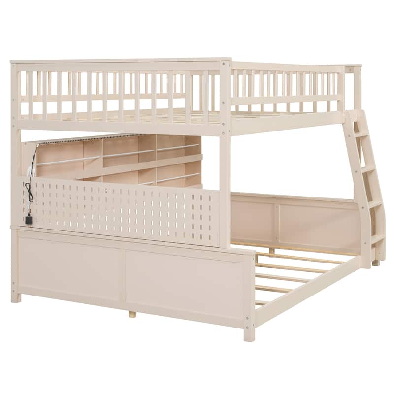 Full XL over Queen/Full over Full Bunk Bed with Integrated Shelving, Color-Changing Lights & Pegboard