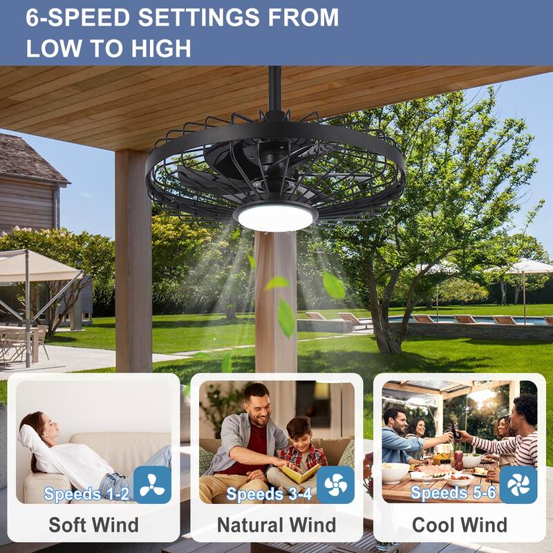 Outdoor Ceiling Fan with Light: 20 Inch Waterproof Gazebo Hanging - Plug in Remote App Control Caged Fans - 6 Speed Black