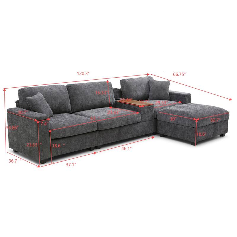 120.3" L-Shaped Sectional Sofa with Wide Seats, USB Charging, Foldable 360掳 Tray, Cup Holders, Storage Ottoman & Armrest