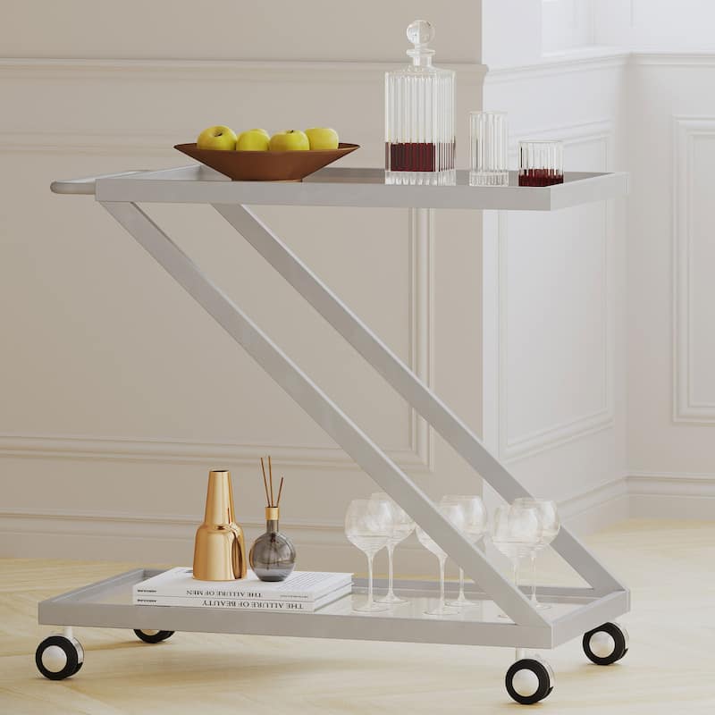 Chic Bar Cart with Tempered Glass, Locking Casters, Iron Frame, 36.5" L x 18.75" W, Minimalist Design - Silver