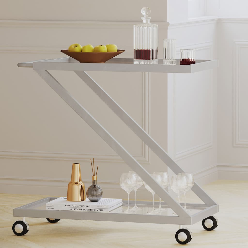 Chic Bar Cart with Tempered Glass, Locking Casters, Iron Frame, 36.5" L x 18.75" W, Minimalist Design