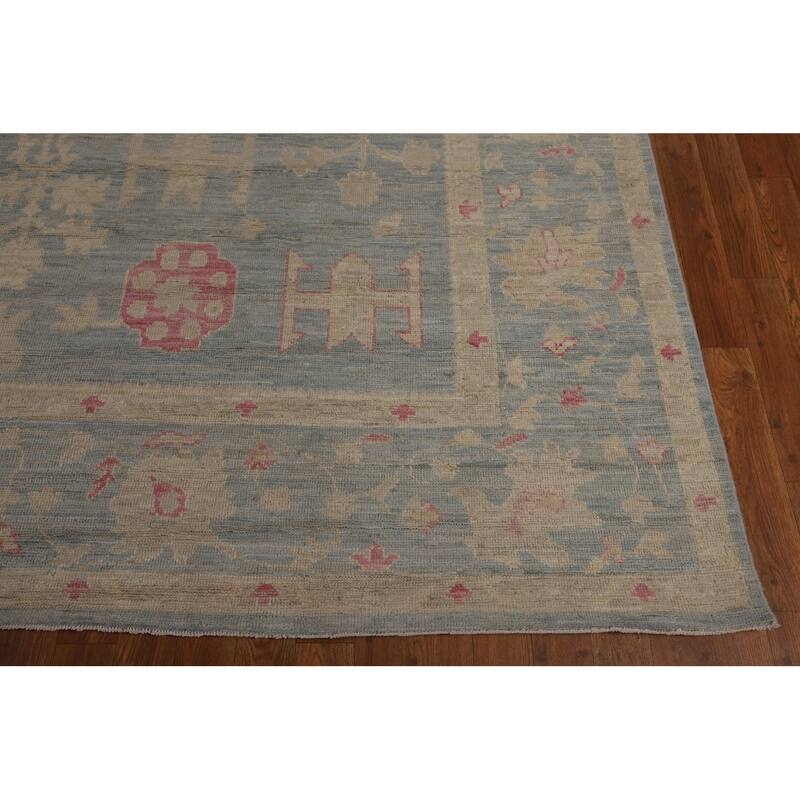 Blue Oushak Vegetable Dye Turkish Large Rug Hand-Knotted Wool Carpet - 9'9"x 13'11"