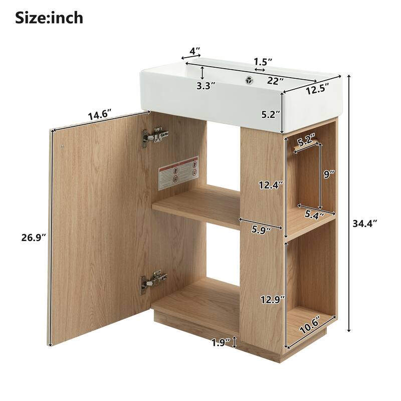 22" Bathroom Vanity with Ceramic Sink - Freestanding Modern Wood Grain Cabinet, Open & Closed Storage for Small Bathrooms