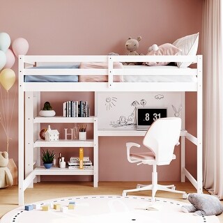 Wooden Full Size Loft Bed with Storage Shelves, Desk, Writing Board