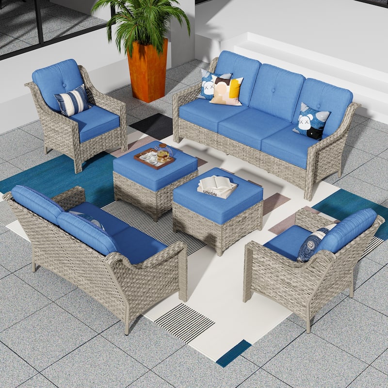 XIZZI 6-Piece Patio Wicker Outdoor Furniture Deep Seat Conversation Sofa Set - Diamond Blue