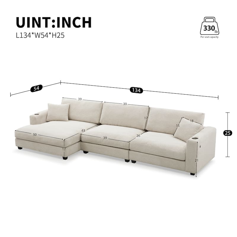 Modern L Shaped Cloud Couch with USB Charging, Cup Holder, and Deep Seat Chaise, Comfy Corduroy Sofa Bed for Living Room