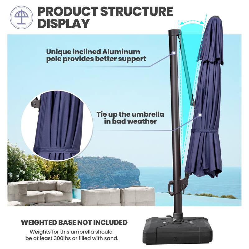 10 FT x 13 FT Outdoor Luxury Solar LED Patio Cantilever Umbrella With Base