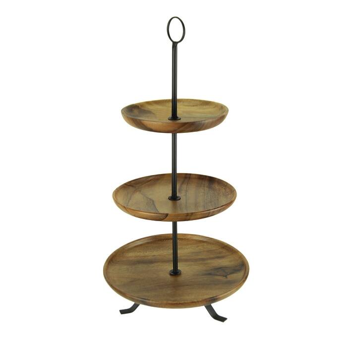 Rustic Round Wood Standing 3 Tiered Serving Tray - 23.5 X 12 X 12 inches