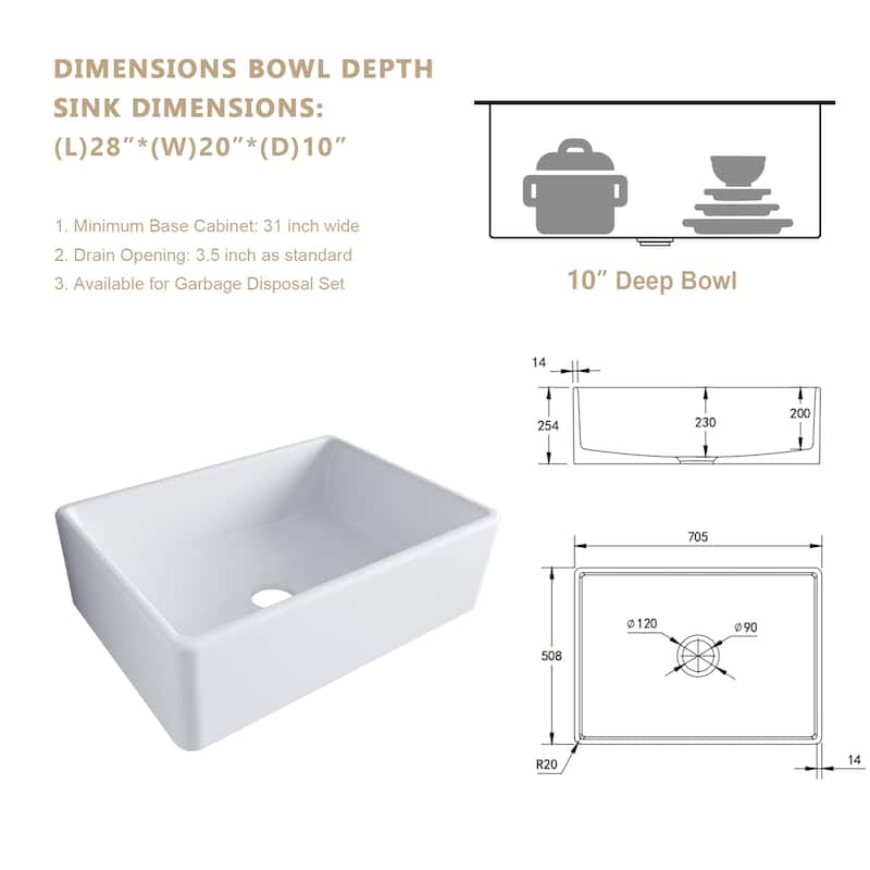 Kichae 28 Inch Ceramic Sink Undermount White Kitchen Sink - 28 in.W x 20 in.D x 10 in.H