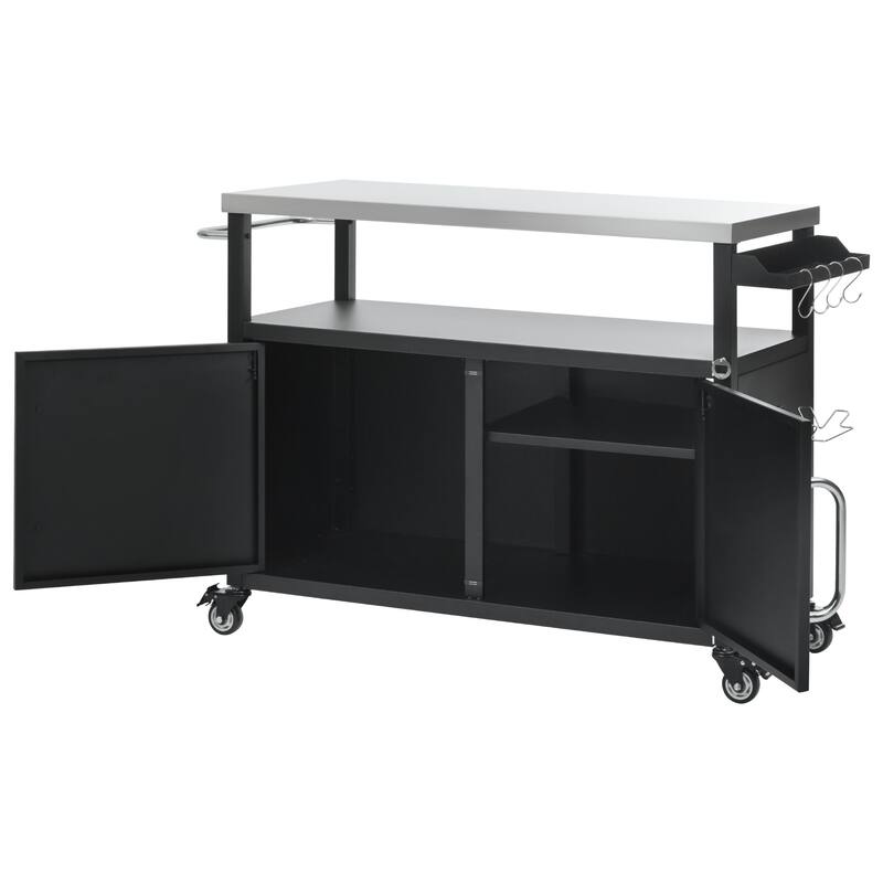 Metal Kitchen Island with Stainless Steel Tabletop, Rolling Spice Storage Cabinet w/Towel Rack and 4 Lockable Wheels for Kitchen