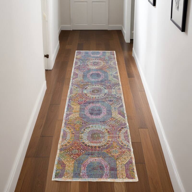 Fipus Power Loomed Distressed Geometric Abstract Modern Non Skid Area Rug By HomeRoots - 96' X '28' X '0.5 - 96' X '28' X '0.5 - Oxford Blue - Runner