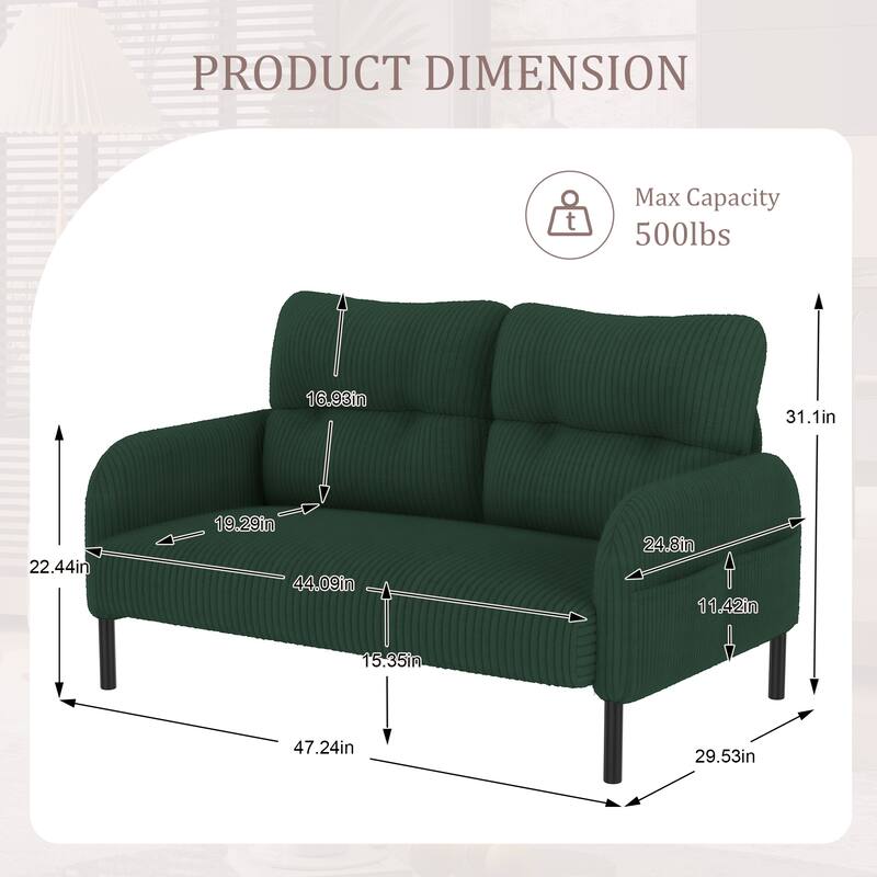 HOMEFUN Corduroy Upholstered Tufted Comfortable Wood Frame Loveseats Sofa with Double Side Pocket