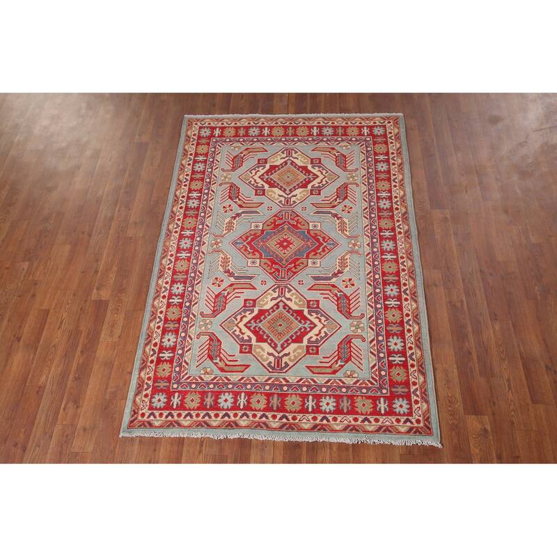 Hand Knotted Oriental 100% Wool Carpet Traditional Geometric Navy Blue & Blues Kazak Area Rug - 5' 10'' X 4' 0''