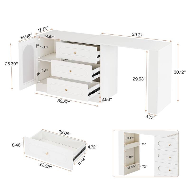 360° Rotatable Vanity Desk with 3 Drawers, Modern White Corner Vanity