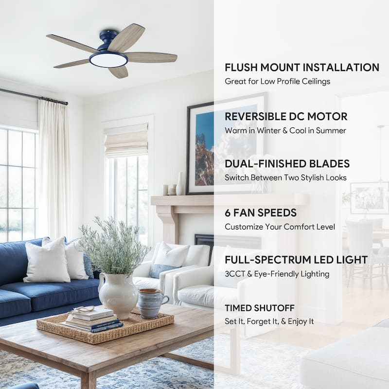 5 - Blade Low Profile Flush Mount Modern Ceiling Fan with LED Light and Remote