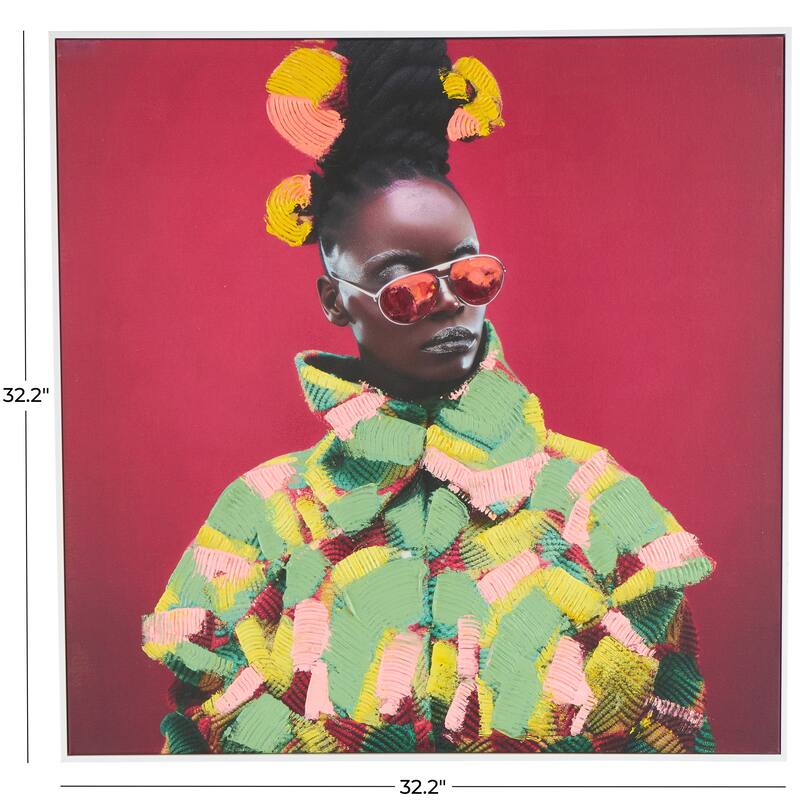 Pink Canvas Chic Woman Living Room Framed Wall Art with Green and Yellow Dresswear