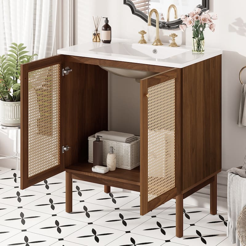 30" Handwoven Bamboo Door Bathroom Vanity with Soft-Close MDF Cabinet - Walnut