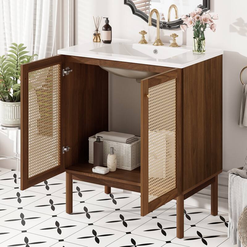 GDFStudio - Lilia 30" Bathroom Vanity with Handwoven Bamboo Doors & Soft-Close Design