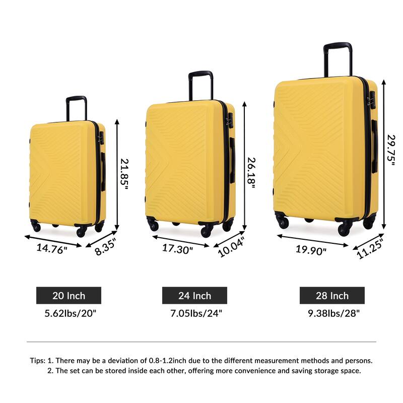 3 Piece Luggage Sets 20"/24"/28" Lightweight Hardshell Suitcase With 2 Hooks, Spinner Wheels, TSA Lock For Travel