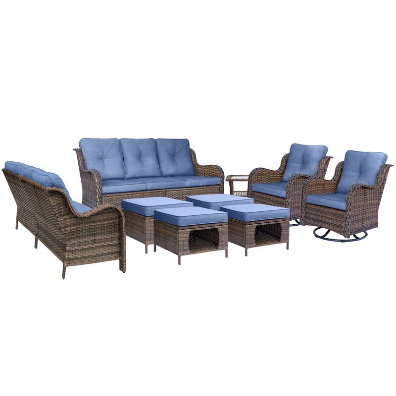9 Piece Outdoor Wicker Patio Conversation Swivel Chairs Furniture Sets