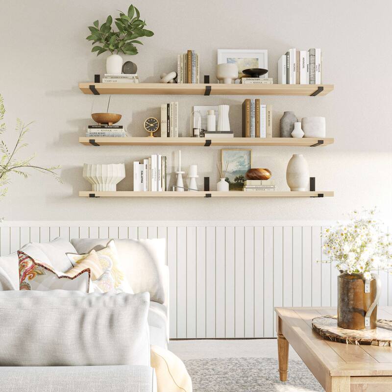 Wallniture Forte Wood Board 72" Long, 9.25'' Deep, 1.5" Thick, Floating Bookshelf for Wall, Hanging Shelf Living Room Decor, 1Pc - Natural