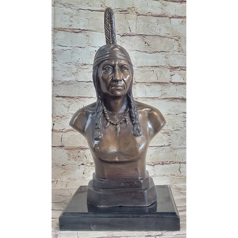 Bronze Bust Native American Indian W/ Braided Hair Statue On Marble Base 12 Inches X 7 Inches