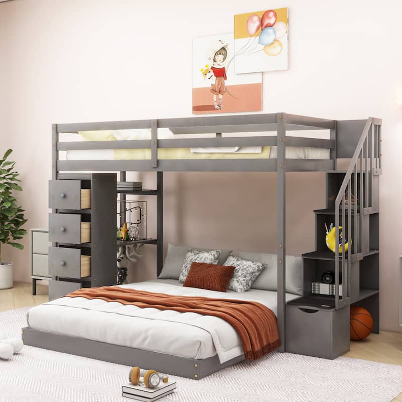 Space-Saving Twin Over Full Bunk Bed with Shelves, Drawers, and Storage Stairs - Gray