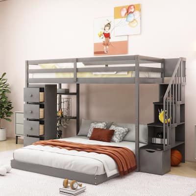 Twin Over Full Pine Bunk Bed with Shelves, Drawers, and Stairs