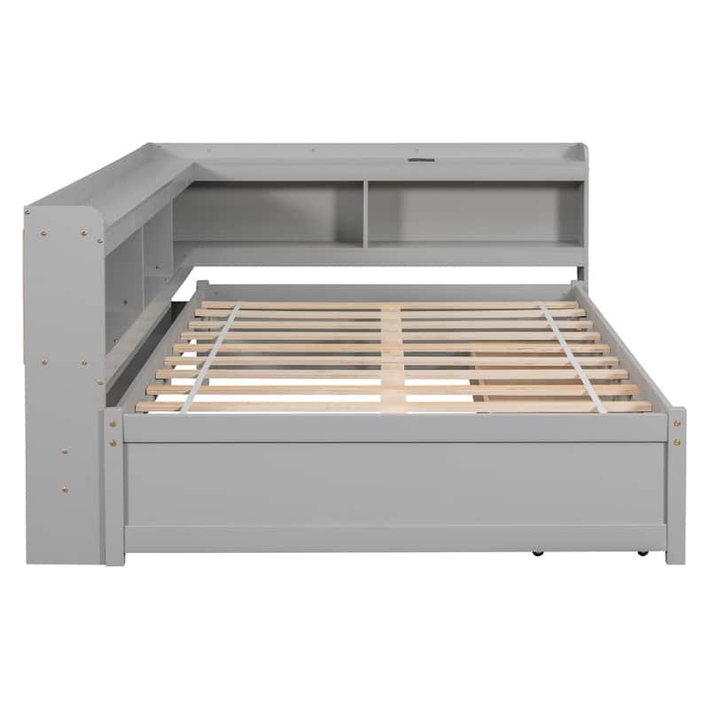 Full Size L-shaped Bookcases Bed with Power Outlets, USB Charging Ports and Two Drawers