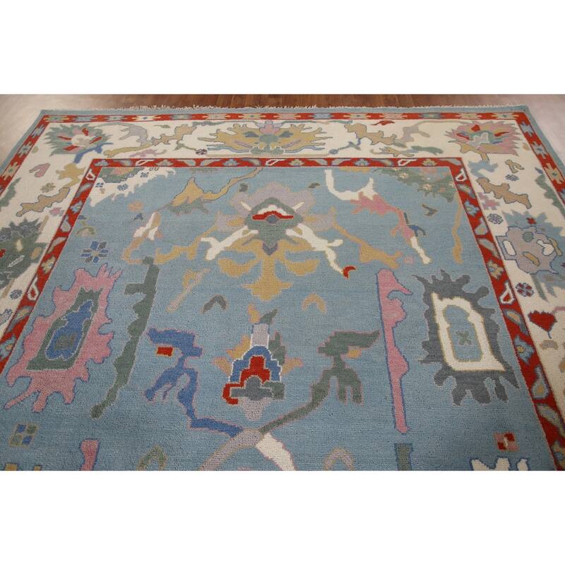 Light Blue Oushak Area Rug Hand-Knotted Floral Wool Carpet - 8'11"x 11'8"