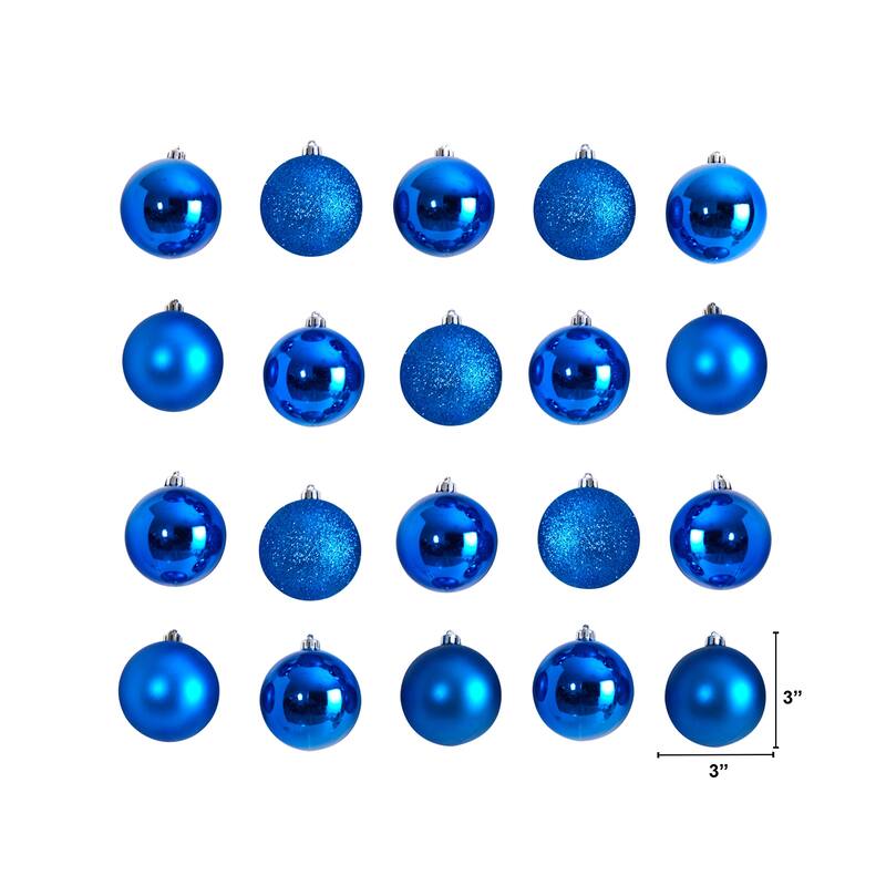Shatterproof 3-Finish Christmas Ball Ornaments - 3" (80mm) - Blue - 20ct