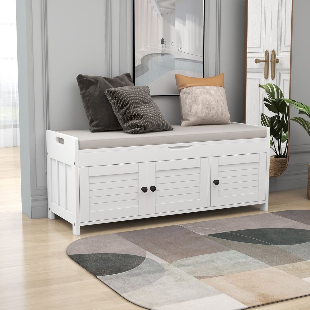 Storage Bench with 3 Shutter Shaped Doors Removable Cushion Rectangular Storage Ottoman Cabinet Foot Rest Stool Wood Shoe Bench