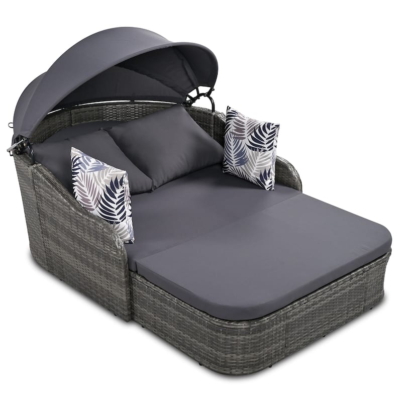 79.9"Outdoor Sunbed with Adjustable Canopy,Double lounge,PE Rattan Daybed,Gray Wicker And Cushion