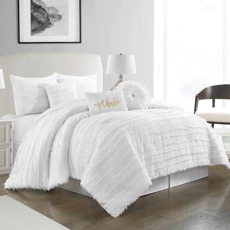 Porch & Den Summerwood Solid Color Fringe Stripe 7-piece Comforter Set - White - California King